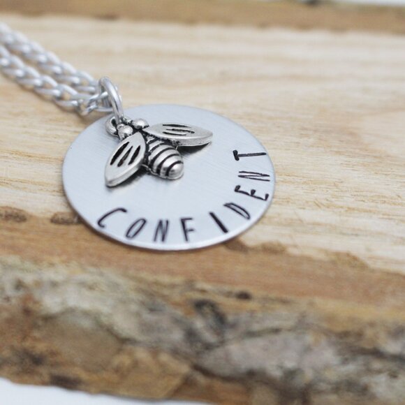Bee Confident Hand Stamped Pendant Necklace - Handmade - 18" Chain - Picture 3 of 6